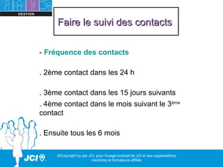 Faire le suivi des contacts

- Fréquence des contacts

. 2ème contact dans les 24 h

. 3ème contact dans les 15 jours suivants
. 4ème contact dans le mois suivant le 3ème
contact

. Ensuite tous les 6 mois

     ©Copyright by par JCI, pour l'usage exclusif de JCI et ses organisations,
                        membres et formateurs affiliés
 