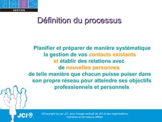 Définition du processus


  Planifier et préparer de manière systématique
       la gestion de vos contacts existants
           et établir des relations avec
             de nouvelles personnes
de telle manière que chacun puisse puiser dans
 son propre réseau pour atteindre ses objectifs
           professionnels et personnels



     ©Copyright by par JCI, pour l'usage exclusif de JCI et ses organisations,
                        membres et formateurs affiliés
 