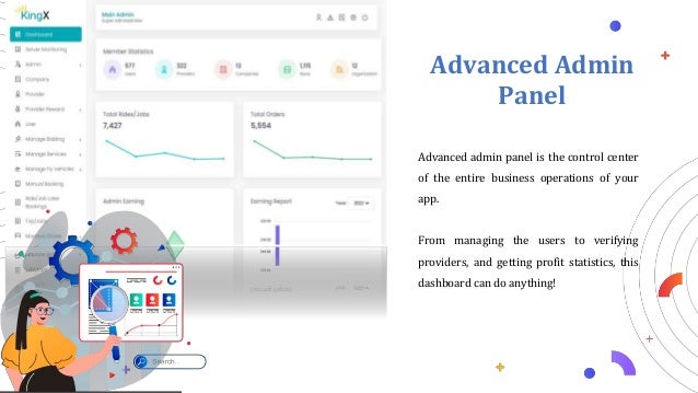 Advanced admin panel is the control center
of the entire business operations of your
app.
From managing the users to verifying
providers, and getting profit statistics, this
dashboard can do anything!
Advanced Admin
Panel
 