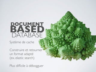 Système de cache
Construire et retourner 
un format adapté 
(ex. elastic search)
Plus difﬁcile à débogguer
DOCUMENT
BASED
DATABASE
 
