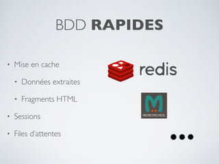 BDD RAPIDES
• Mise en cache
• Données extraites
• Fragments HTML
• Sessions
• Files d’attentes
 