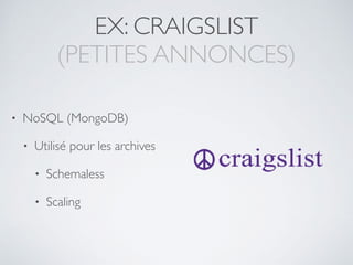 EX: CRAIGSLIST 
(PETITES ANNONCES)
• NoSQL (MongoDB)
• Utilisé pour les archives
• Schemaless
• Scaling
 