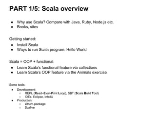 ● Why use Scala? Compare with Java, Ruby, Node.js etc.
● Books, sites
Getting started:
● Install Scala
● Ways to run Scala program: Hello World
Scala = OOP + functional:
● Learn Scala’s functional feature via collections
● Learn Scala’s OOP feature via the Animals exercise
Some tools:
● Development:
○ REPL (Read–Eval–Print Loop), SBT (Scala Build Tool)
○ IDEs: Eclipse, IntelliJ
● Production:
○ xitrum-package
○ Scalive
PART 1/5: Scala overview
 