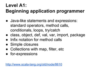 Level A1:
Beginning application programmer
● Java-like statements and expressions:
standard operators, method calls,
conditionals, loops, try/catch
● class, object, def, val, var, import, package
● Infix notation for method calls
● Simple closures
● Collections with map, filter, etc
● for-expressions
http://www.scala-lang.org/old/node/8610
 