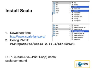 Install Scala
1. Download from
http://www.scala-lang.org/
2. Config PATH:
PATH=path/to/scala-2.11.4/bin:$PATH
REPL (Read–Eval–Print Loop) demo:
scala command
 