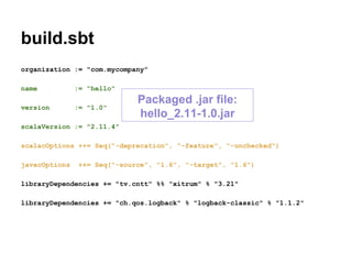 build.sbt
organization := "com.mycompany"
name := "hello"
version := "1.0"
scalaVersion := "2.11.4"
scalacOptions ++= Seq("-deprecation", "-feature", "-unchecked")
javacOptions ++= Seq("-source", "1.6", "-target", "1.6")
libraryDependencies += "tv.cntt" %% "xitrum" % "3.21"
libraryDependencies += "ch.qos.logback" % "logback-classic" % "1.1.2"
Packaged .jar file:
hello_2.11-1.0.jar
 