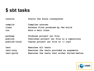 $ sbt tasks
console Starts the Scala interpreter
compile Compiles sources
clean Deletes files produced by the build
run Runs a main class
package Produces project jar file
publish Publishes project jar file to a repository
publish-local Copies project jar file to ~/.ivy2
test Executes all tests
test-only Executes the tests provided as arguments
test-quick Executes the tests that either failed before
 