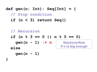 def gen(n: Int): Seq[Int] = {
// Stop condition
if (n < 3) return Seq()
// Recursion
if (n % 3 == 0 || n % 5 == 0)
gen(n - 1) :+ n
else
gen(n - 1)
}
Stackoverflow
if n is big enough
 