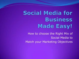 Social Media for  BusinessMade Easy! How to choose the Right Mix of  Social Media to  Match your Marketing Objectives 