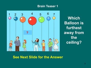 2
See Next Slide for the Answer
Brain Teaser 1
Which
Balloon is
furthest
away from
the
ceiling?
1 2 3 4 5 6 7
?
 
