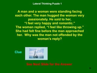 36
Lateral Thinking Puzzle 1
A man and a woman were standing facing
each other. The man hugged the woman very
passionately. He said to her,
“I feel very happy and romantic.”
The woman replied, “I feel like throwing up.”
She had felt fine before the man approached
her. Why was the man not offended by the
woman’s reply?
See Next Slide for the Answer
Clue
 