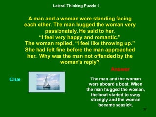 37
Lateral Thinking Puzzle 1
A man and a woman were standing facing
each other. The man hugged the woman very
passionately. He said to her,
“I feel very happy and romantic.”
The woman replied, “I feel like throwing up.”
She had felt fine before the man approached
her. Why was the man not offended by the
woman’s reply?
Answer
Clue The man and the woman
were aboard a boat. When
the man hugged the woman,
the boat started to sway
strongly and the woman
became seasick.
 