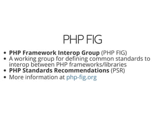 4/30/2018 Develop web APIs in PHP using middleware with Expressive, Code Europe 2018
https://www.zimuel.it/slides/codeeurope2018?print-pdf#/ 18/34
© 2017 Rogue Wave Software, Inc. All Rights Reserved.
PHPFIGPHPFIG
PHP Framework Interop Group (PHP FIG)
A working group for de ning common standards to
interop between PHP frameworks/libraries
PHP Standards Recommendations (PSR)
More information at php- g.org
 