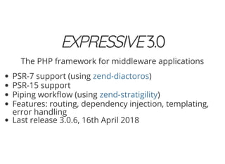 4/30/2018 Develop web APIs in PHP using middleware with Expressive, Code Europe 2018
https://www.zimuel.it/slides/codeeurope2018?print-pdf#/ 24/34
© 2017 Rogue Wave Software, Inc. All Rights Reserved.
EXPRESSIVEEXPRESSIVE3.03.0
The PHP framework for middleware applications
PSR-7 support (using )
PSR-15 support
Piping work ow (using )
Features: routing, dependency injection, templating,
error handling
Last release 3.0.6, 16th April 2018
zend-diactoros
zend-stratigility
 