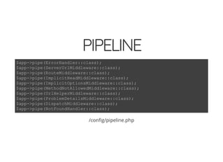 4/30/2018 Develop web APIs in PHP using middleware with Expressive, Code Europe 2018
https://www.zimuel.it/slides/codeeurope2018?print-pdf#/ 28/34
© 2017 Rogue Wave Software, Inc. All Rights Reserved.
PIPELINEPIPELINE
/con g/pipeline.php
$app->pipe(ErrorHandler::class);
$app->pipe(ServerUrlMiddleware::class);
$app->pipe(RouteMiddleware::class);
$app->pipe(ImplicitHeadMiddleware::class);
$app->pipe(ImplicitOptionsMiddleware::class);
$app->pipe(MethodNotAllowedMiddleware::class);
$app->pipe(UrlHelperMiddleware::class);
$app->pipe(ProblemDetailsMiddleware::class);
$app->pipe(DispatchMiddleware::class);
$app->pipe(NotFoundHandler::class);
 