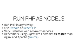 4/30/2018 Develop web APIs in PHP using middleware with Expressive, Code Europe 2018
https://www.zimuel.it/slides/codeeurope2018?print-pdf#/ 33/34
© 2017 Rogue Wave Software, Inc. All Rights Reserved.
RUNPHPASNODE.JSRUNPHPASNODE.JS
Run PHP in async way!
Use or
Very useful for web API/microservices
Benchmark using Expressive + Swoole: 4x faster than
nginx and Apache ( )
Swoole ReactPHP
source
 