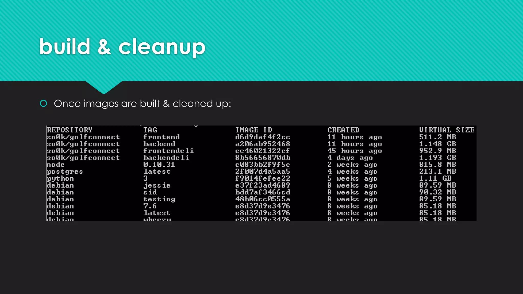 build & cleanup
 Once images are built & cleaned up:
 