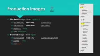 Production images
 backend image – from python:3
 backend/src read only /usr/scr/app
 volumes/db read/write /etc/data/
 port 8000 uwsgi
 user: www-data
 frontend image – from nginx
 frontend/dist read only /usr/local/nginx/html
 port 80 http
 user root
 