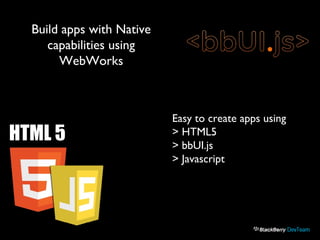 HTML 5
Build apps with Native
capabilities using
WebWorks
Easy to create apps using
> HTML5
> bbUI.js
> Javascript
 
