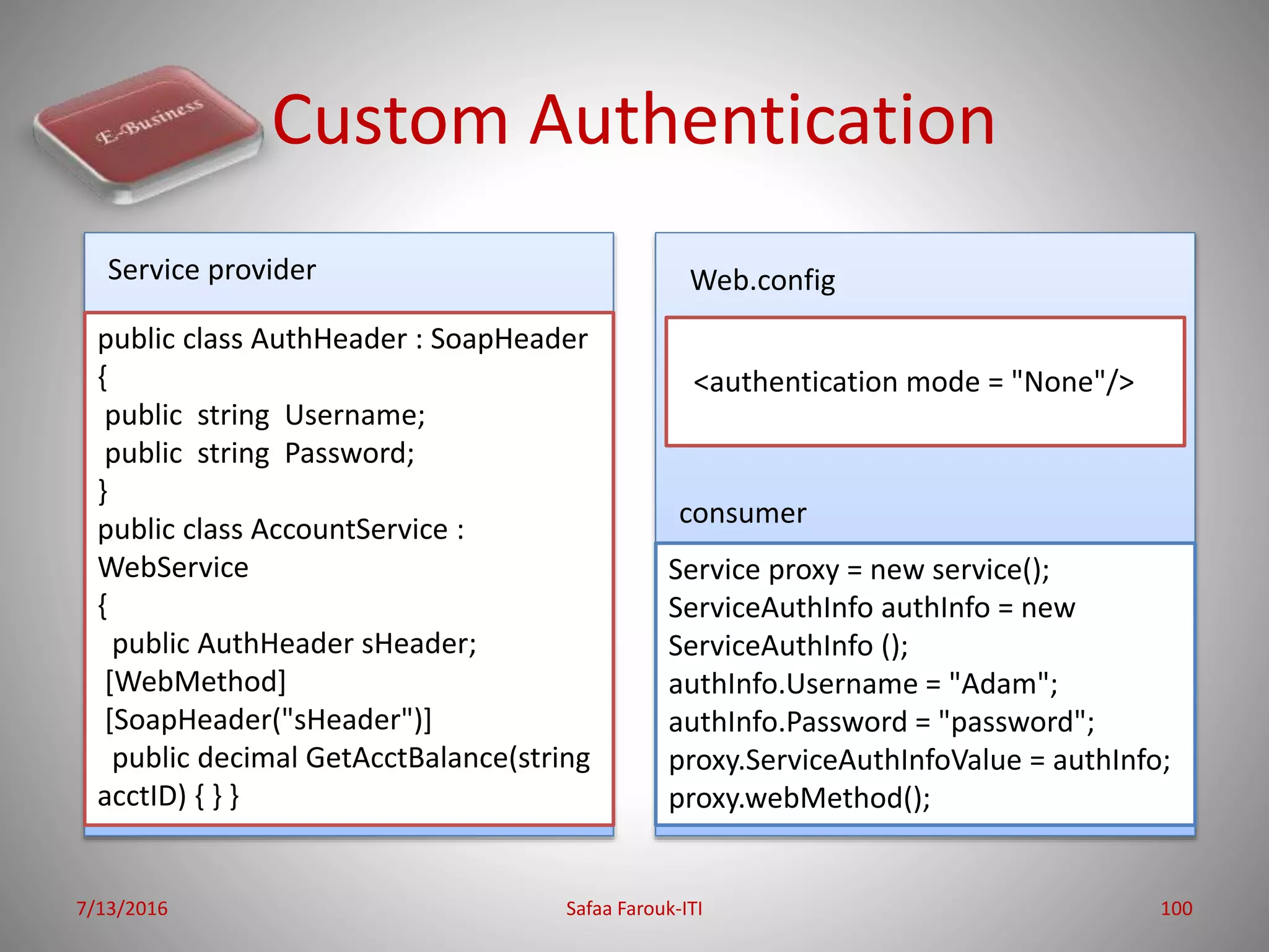Custom Authentication
7/13/2016 Safaa Farouk-ITI 100
public class AuthHeader : SoapHeader
{
public string Username;
public string Password;
}
public class AccountService :
WebService
{
public AuthHeader sHeader;
[WebMethod]
[SoapHeader("sHeader")]
public decimal GetAcctBalance(string
acctID) { } }
Service proxy = new service();
ServiceAuthInfo authInfo = new
ServiceAuthInfo ();
authInfo.Username = "Adam";
authInfo.Password = "password";
proxy.ServiceAuthInfoValue = authInfo;
proxy.webMethod();
<authentication mode = "None"/>
Web.config
consumer
Service provider
 