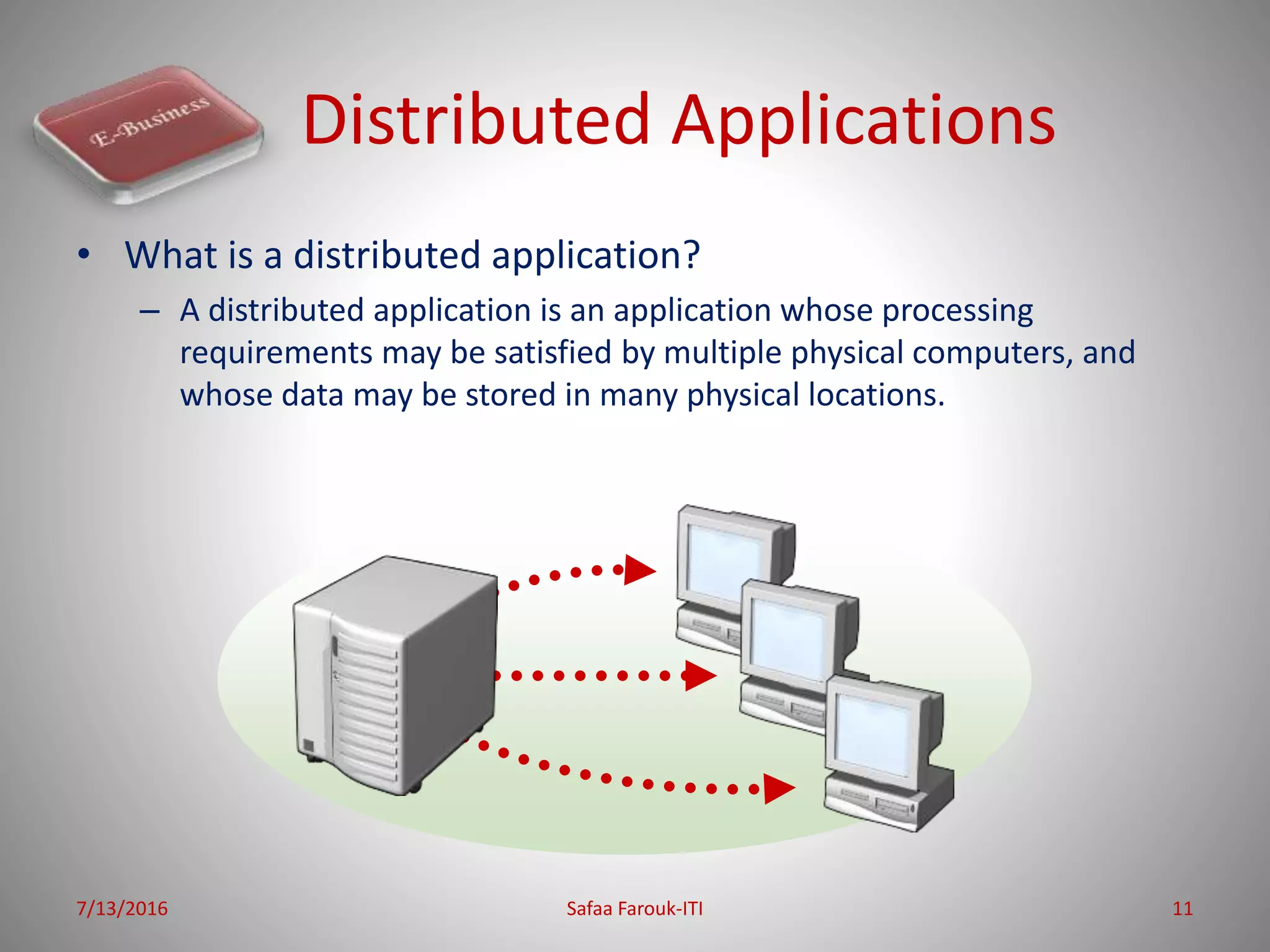 Distributed Applications
• What is a distributed application?
– A distributed application is an application whose processing
requirements may be satisfied by multiple physical computers, and
whose data may be stored in many physical locations.
7/13/2016 Safaa Farouk-ITI 11
 