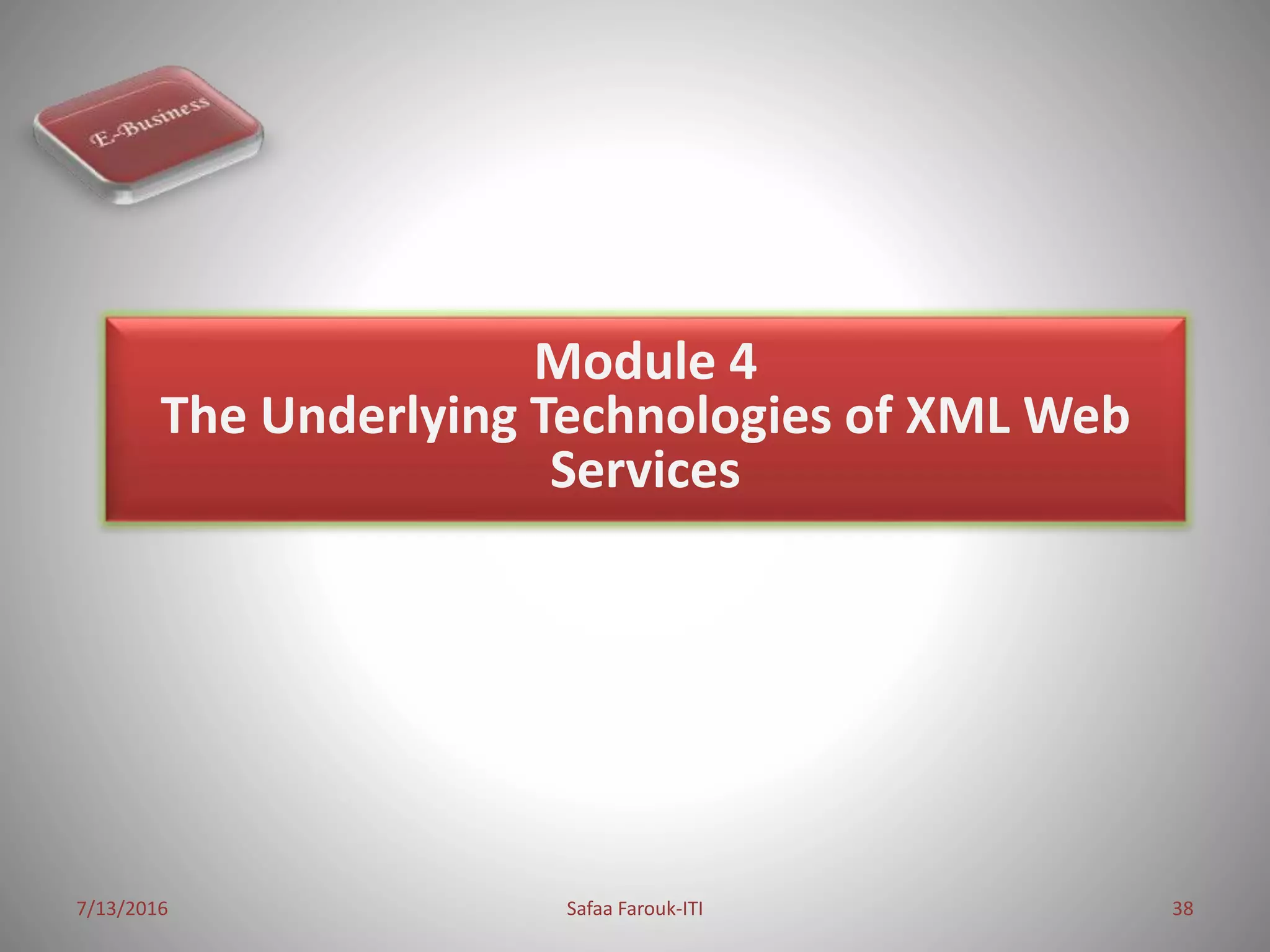 7/13/2016 Safaa Farouk-ITI 38
Module 4
The Underlying Technologies of XML Web
Services
 