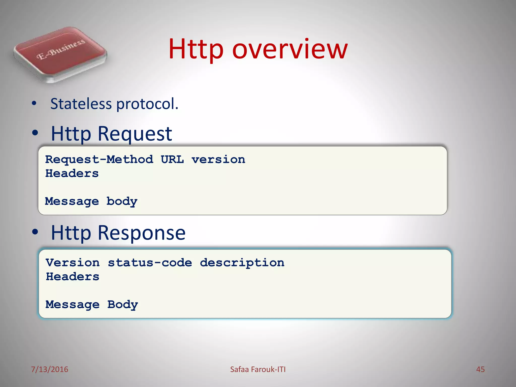 Http overview
• Stateless protocol.
• Http Request
• Http Response
7/13/2016 Safaa Farouk-ITI 45
Request-Method URL version
Headers
Message body
Version status-code description
Headers
Message Body
 