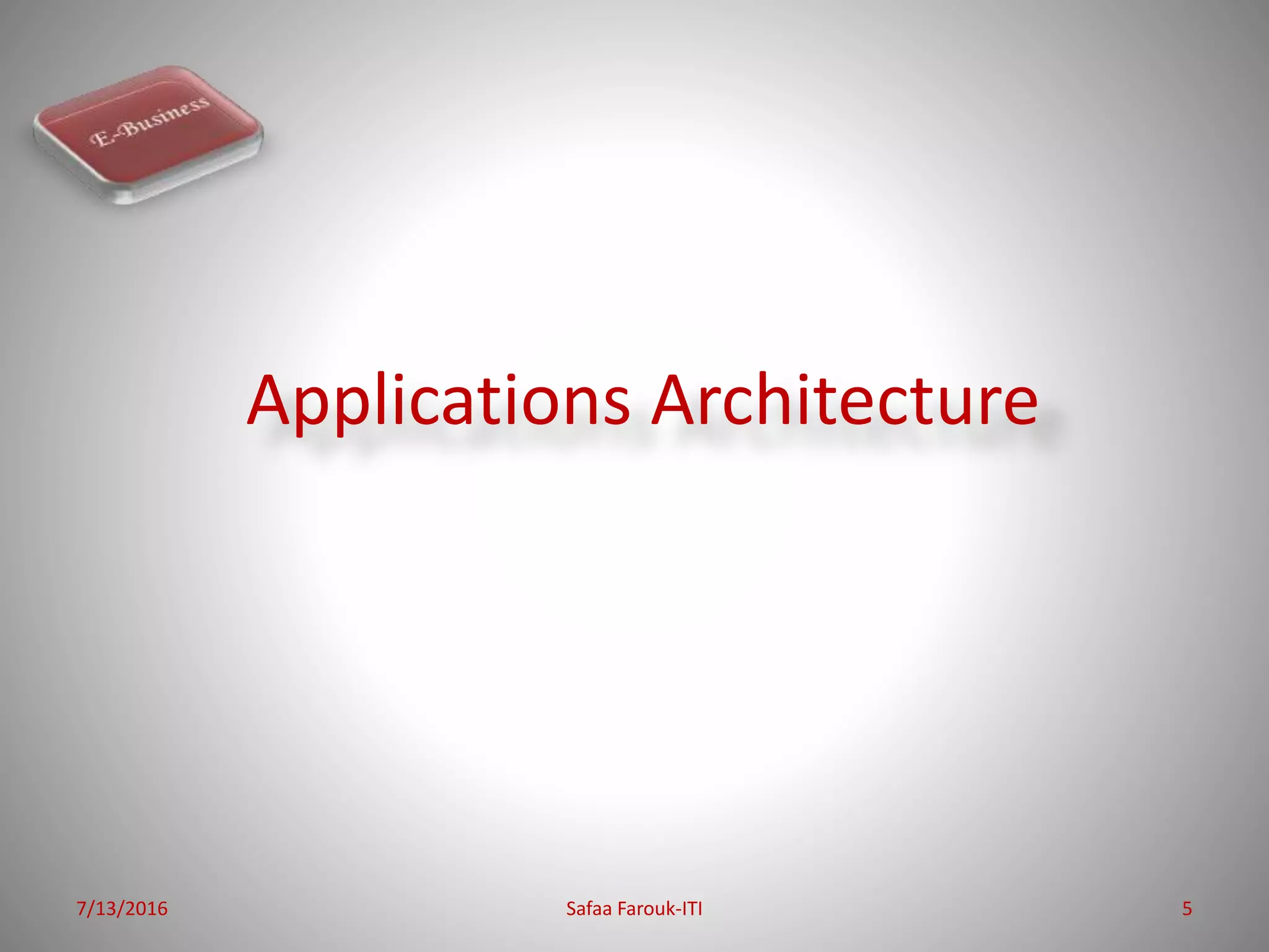 Applications Architecture
7/13/2016 Safaa Farouk-ITI 5
 