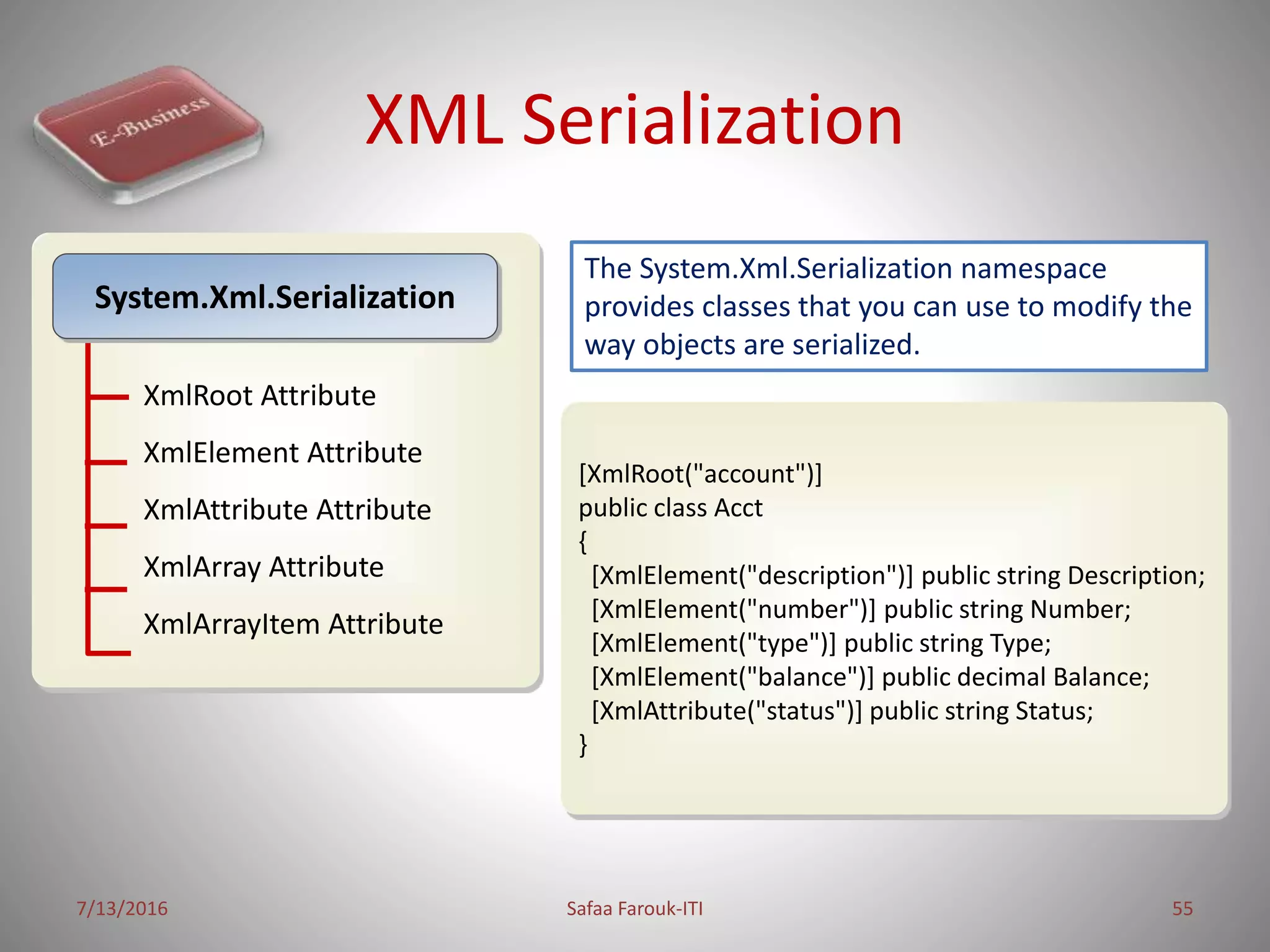 XML Serialization
7/13/2016 Safaa Farouk-ITI 55
XmlRoot Attribute
XmlElement Attribute
XmlAttribute Attribute
XmlArray Attribute
XmlArrayItem Attribute
System.Xml.Serialization
The System.Xml.Serialization namespace
provides classes that you can use to modify the
way objects are serialized.
[XmlRoot("account")]
public class Acct
{
[XmlElement("description")] public string Description;
[XmlElement("number")] public string Number;
[XmlElement("type")] public string Type;
[XmlElement("balance")] public decimal Balance;
[XmlAttribute("status")] public string Status;
}
 