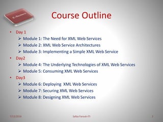 Course Outline
• Day 1
 Module 1: The Need for XML Web Services
 Module 2: XML Web Service Architectures
 Module 3: Imp...