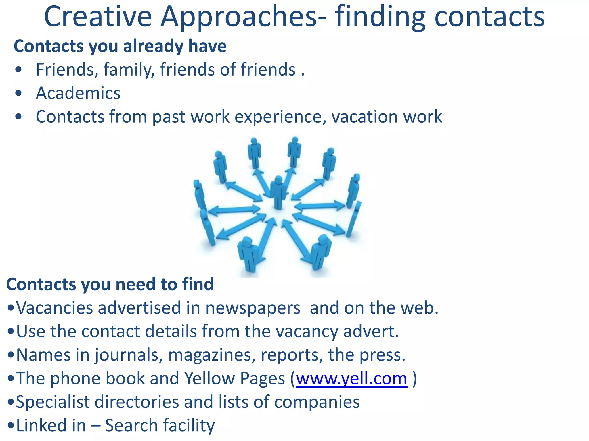 Creative Approaches- finding contacts
Contacts you already have
• Friends, family, friends of friends .
• Academics
• Contacts from past work experience, vacation work




Contacts you need to find
•Vacancies advertised in newspapers and on the web.
•Use the contact details from the vacancy advert.
•Names in journals, magazines, reports, the press.
•The phone book and Yellow Pages (www.yell.com )
•Specialist directories and lists of companies
•Linked in – Search facility
 