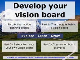 Develop your
vision board
Explore - Learn - Grow
Part 1- The thoughts behind
a vision board
Part 3- 5 steps to create
your own vision board
Part 2- Great vision board
examples
Part 4- Your action
planning boards
Do you know your Happiness Score? Get your Life Satisfaction Report. Free, no registration required. I Contact
 