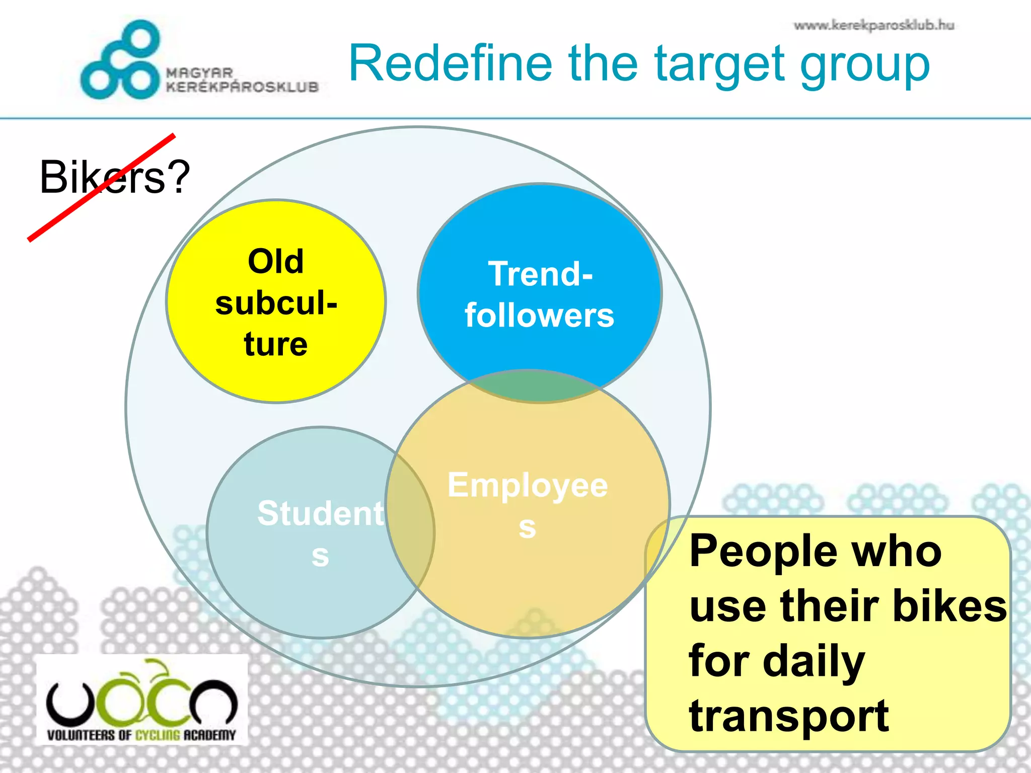 Redefine the target group
Old
subcul-
ture
Trend-
followers
Student
s
Employee
s
Bikers?
People who
use their bikes
for daily
transport
 