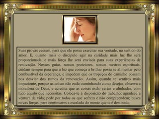 Suas provas cessem, para que ele possa exercitar sua vontade, no sentido do
amor. E, quanto mais o discípulo agir na caridade mais luz lhe será
proporcionada, e mais força lhe será enviada para suas experiências de
renovação. Nossos guias, nossos protetores, nossos mestres espirituais,
cuidam sempre para que a luz que começa a brilhar possa se alimentar pelo
combustível da esperança, e impedem que os tropeços do caminho possam
nos desviar dos rumos da renovação. Assim, quando te sentires mais
impaciente, porque as coisas não estão caminhando como desejas, observa a
moratória de Deus, e acredita que as coisas estão certas e alinhadas, com
tudo aquilo que necessitas. Coloca-te à disposição do trabalho; agradece a
ventura da vida; pede por todos os que sofrem e não compreendem; busca
novas forças, para continuares a escalada do monte que te é destinado.
 