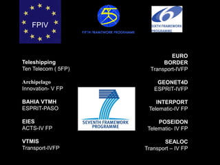 Teleshipping 
Ten Telecom ( 5FP) 
Archipelago 
Innovation-VFP 
BAHIAVTMH 
ESPRIT-PASO 
EIES 
ACTS-IVFP 
VTMIS 
Transport-IVFP 
EURO 
BORDER 
Transport-IVFP 
GEONET4D 
ESPRIT-IVFP 
INTERPORT 
Telematic-IV FP 
POSEIDON 
Telematic-IV FP 
SEALOC 
Transport –IV FP 
FPIV  