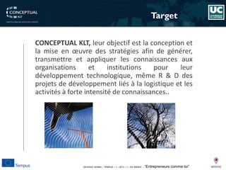 DEVEN3C 543944 – TEMPUS – 1 – 2013 – 1 – ES SMHES – “Entrepreneurs comme toi” 
Target 
CONCEPTUALKLT,leurobjectifestlaconceptionetlamiseenoeuvredesstratégiesafindegénérer, transmettreetappliquerlesconnaissancesauxorganisationsetinstitutionspourleurdéveloppementtechnologique,mêmeR&Ddesprojetsdedéveloppementliésàlalogistiqueetlesactivitésàforteintensitédeconnaissances..  