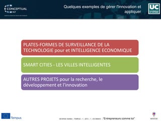 DEVEN3C 543944 – TEMPUS – 1 – 2013 – 1 – ES SMHES – “Entrepreneurs comme toi” 
Quelques exemples de gérer l'innovation et appliquer 
PLATES-FORMES DE SURVEILLANCE DE LA TECHNOLOGIE pour et INTELLIGENCE ECONOMIQUE 
SMART CITIES -LES VILLESINTELLIGENTES 
AUTRES PROJETS pour la recherche, le développement et l'innovation  