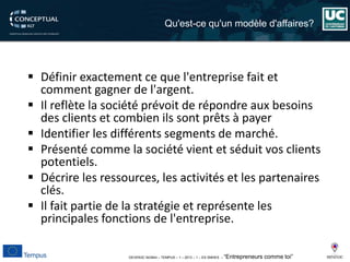 DEVEN3C 543944 – TEMPUS – 1 – 2013 – 1 – ES SMHES – “Entrepreneurs comme toi” 
 
Définir exactement ce que l'entreprise fait et comment gagner de l'argent. 
 
Il reflète la société prévoit de répondre aux besoins des clients et combien ils sont prêts à payer 
 
Identifier les différents segments de marché. 
 
Présenté comme la société vient et séduit vos clients potentiels. 
 
Décrire les ressources, les activités et les partenaires clés. 
 
Il fait partie de la stratégie et représente les principales fonctions de l'entreprise. 
Qu'est-ce qu'unmodèled'affaires?  