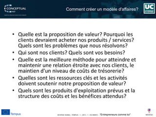 DEVEN3C 543944 – TEMPUS – 1 – 2013 – 1 – ES SMHES – “Entrepreneurs comme toi” 
Comment créer un modèle d'affaires? 
• 
Quelle est la proposition de valeur? Pourquoi les clients devraient acheter nos produits / services? Quels sont les problèmes que nous résolvons? 
• 
Qui sont nos clients? Quels sont vos besoins? 
• 
Quelle est la meilleure méthode pour atteindre et maintenir une relation étroite avec nos clients, le maintien d'un niveau de coûts de trésorerie? 
• 
Quelles sont les ressources clés et les activités doivent soutenir notre proposition de valeur? 
• 
Quels sont les produits d'exploitation prévus et la structure des coûts et les bénéfices attendus?  