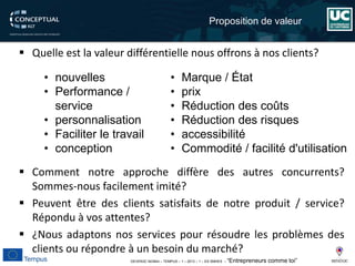 DEVEN3C 543944 – TEMPUS – 1 – 2013 – 1 – ES SMHES – “Entrepreneurs comme toi” 
Propositionde valeur 
 
Quelleestlavaleurdifférentiellenousoffronsànosclients? 
 
Commentnotreapprochediffèredesautresconcurrents? Sommes-nousfacilementimité? 
 
Peuventêtredesclientssatisfaitsdenotreproduit/service? Réponduàvosattentes? 
 
¿Nousadaptonsnosservicespourrésoudrelesproblèmesdesclientsourépondreàunbesoindumarché? 
• 
Marque / État 
• 
prix 
• 
Réduction des coûts 
• 
Réduction des risques 
• 
accessibilité 
• 
Commodité / facilité d'utilisation 
• 
nouvelles 
• 
Performance / service 
• 
personnalisation 
• 
Faciliter le travail 
• 
conception  