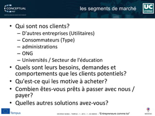 DEVEN3C 543944 – TEMPUS – 1 – 2013 – 1 – ES SMHES – “Entrepreneurs comme toi” 
• 
Qui sont nos clients? 
– 
D'autres entreprises (Utilitaires) 
– 
Consommateurs (Type) 
– 
administrations 
– 
ONG 
– 
Universités / Secteur de l'éducation 
• 
Quels sont leurs besoins, demandes et comportements que les clients potentiels? 
• 
Qu'est-ce qui les motive à acheter? 
• 
Combien êtes-vous prêts à passer avec nous / payer? 
• 
Quelles autres solutions avez-vous? 
les segmentsde marché  