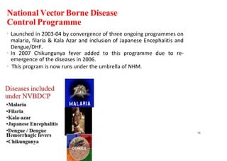 National Vector Borne Disease
Control Programme
78
 Launched in 2003-04 by convergence of three ongoing programmes on
malaria, filaria & Kala Azar and inclusion of Japanese Encephalitis and
Dengue/DHF.
 In 2007 Chikungunya fever added to this programme due to re-
emergence of the diseases in 2006.
 This program is now runs under the umbrella of NHM.
 
