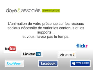 L'animation de votre présence sur les réseaux
sociaux nécessite de varier les contenus et les
                  supports...
         et vous n'avez pas le temps.
 