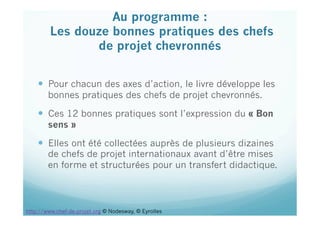   Pour chacun des axes d’action, le livre développe les
bonnes pratiques des chefs de projet chevronnés.
  Ces 12 bonnes pratiques sont l’expression du « Bon
sens »
  Elles ont été collectées auprès de plusieurs dizaines
de chefs de projet internationaux avant d’être mises
en forme et structurées pour un transfert didactique.
Au programme :
Les douze bonnes pratiques des chefs
de projet chevronnés
 
http://www.chef-de-projet.org © Nodesway, © Eyrolles
 