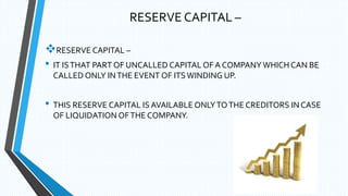 RESERVE CAPITAL –
RESERVE CAPITAL –
• IT ISTHAT PART OF UNCALLED CAPITAL OF A COMPANY WHICH CAN BE
CALLED ONLY INTHE EVENT OF ITSWINDING UP.
• THIS RESERVE CAPITAL IS AVAILABLE ONLYTOTHE CREDITORS IN CASE
OF LIQUIDATION OFTHE COMPANY.
 