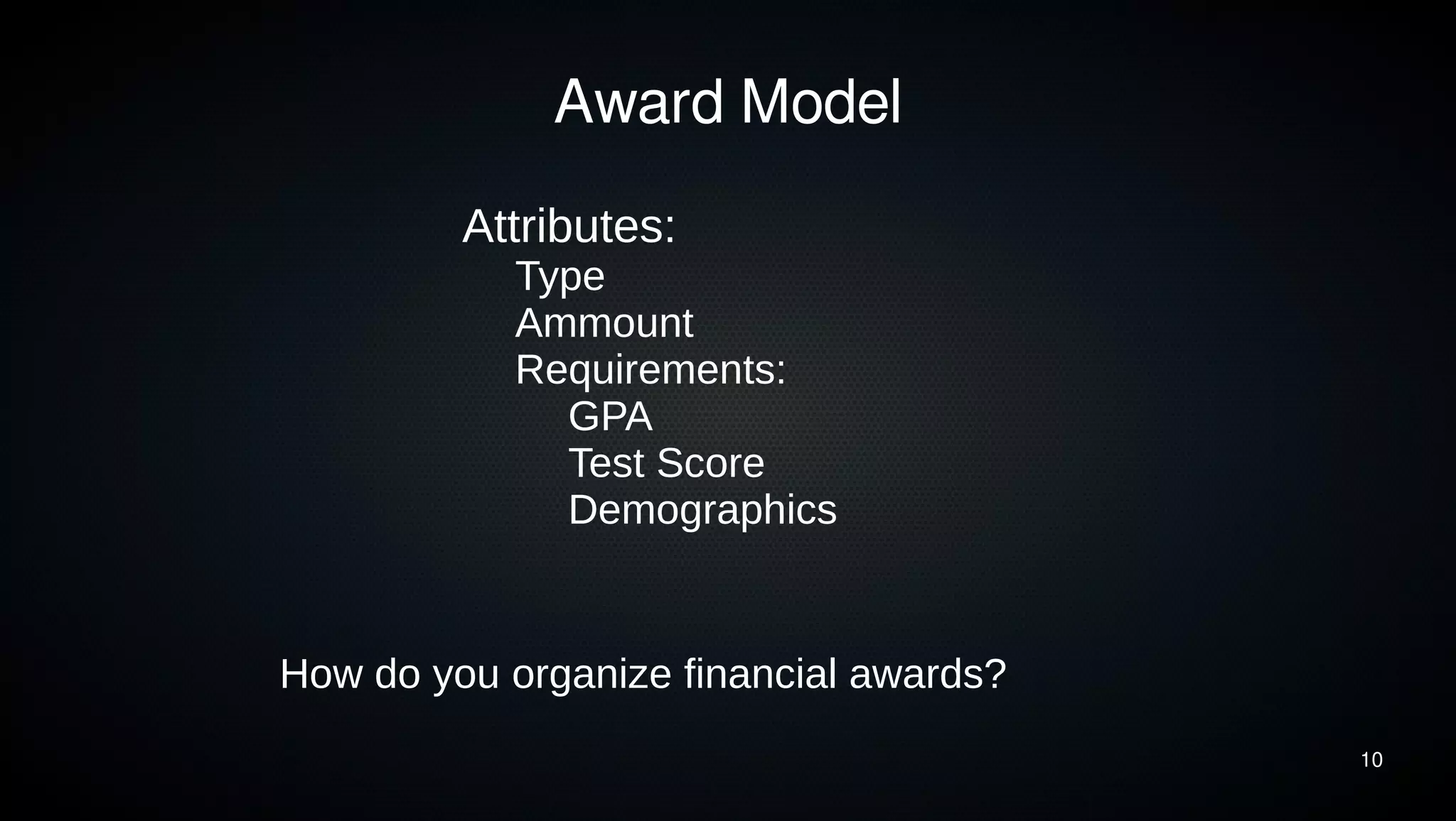 10 
Award Model 
Attributes: 
Type 
Ammount 
Requirements: 
GPA 
Test Score 
Demographics 
How do you organize financial awards? 
 