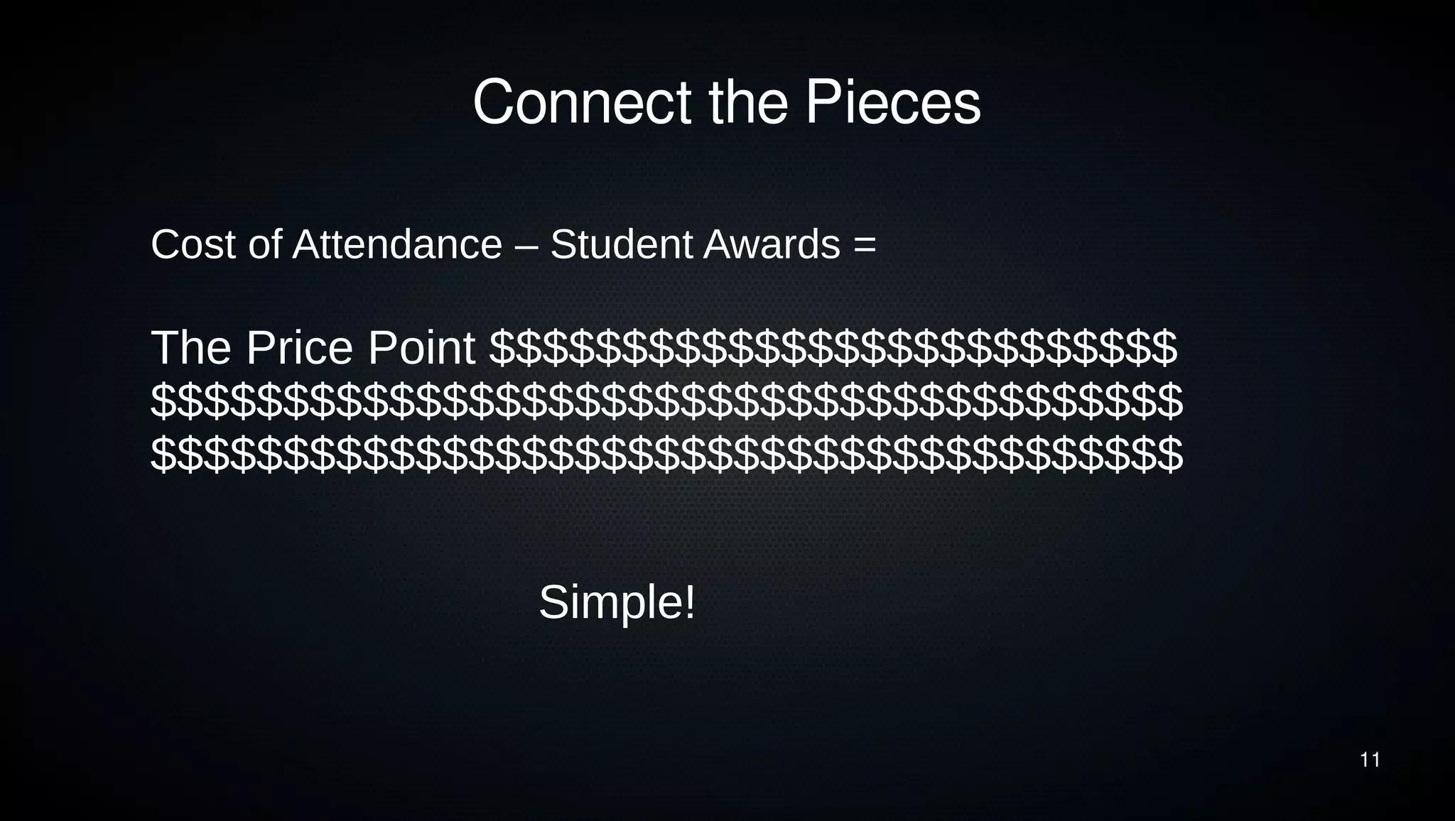 11 
Connect the Pieces 
Cost of Attendance – Student Awards = 
The Price Point $$$$$$$$$$$$$$$$$$$$$$$$$$ 
$$$$$$$$$$$$$$$$$$$$$$$$$$$$$$$$$$$$$$$ 
$$$$$$$$$$$$$$$$$$$$$$$$$$$$$$$$$$$$$$$ 
Simple! 
 