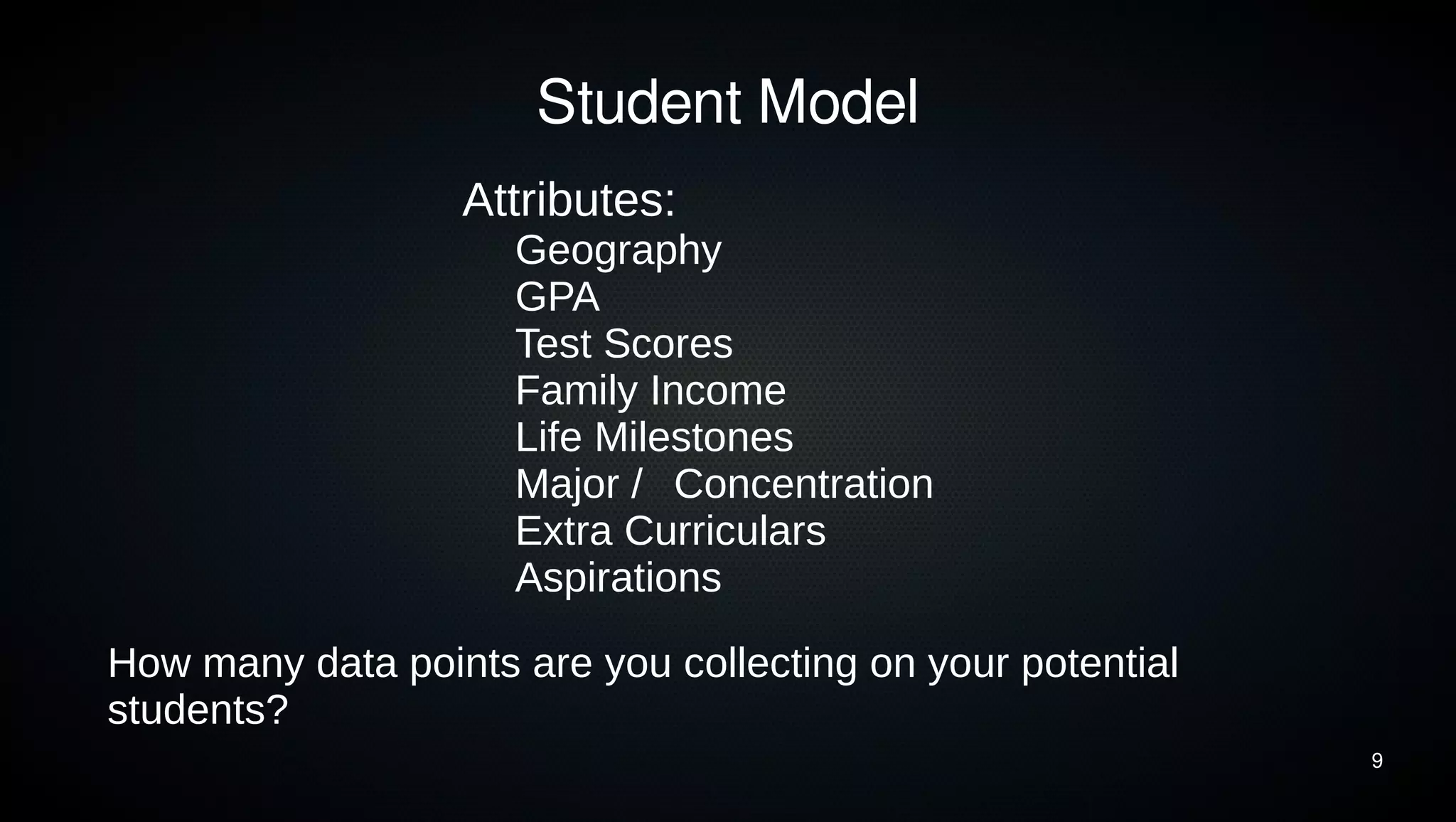 9 
Student Model 
Attributes: 
Geography 
GPA 
Test Scores 
Family Income 
Life Milestones 
Major / Concentration 
Extra Curriculars 
Aspirations 
How many data points are you collecting on your potential 
students? 
 