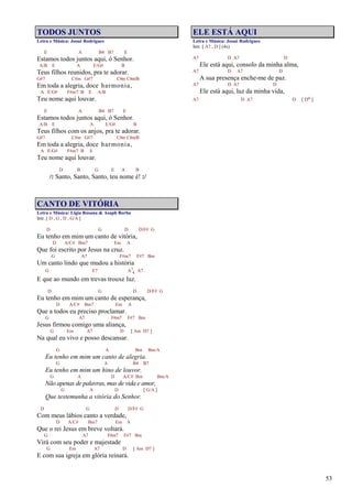 53
TODOS JUNTOS
Letra e Música: Josué Rodrigues
E A B4 B7 E
Estamos todos juntos aqui, ó Senhor.
A/B E A E/G# B
Teus filhos reunidos, pra te adorar.
G#7 C#m G#7 C#m C#m/B
Em toda a alegria, doce harmonia,
A E/G# F#m7 B E A/B
Teu nome aqui louvar.
E A B4 B7 E
Estamos todos juntos aqui, ó Senhor.
A/B E A E/G# B
Teus filhos com os anjos, pra te adorar.
G#7 C#m G#7 C#m C#m/B
Em toda a alegria, doce harmonia,
A E/G# F#m7 B E
Teu nome aqui louvar.
D B G E A B
/: Santo, Santo, Santo, teu nome é! :/
CANTO DE VITÓRIA
Letra e Música: Lígia Rosana & Asaph Borba
Intr. [ D , G , D , G/A ]
D G D D/F# G
Eu tenho em mim um canto de vitória,
D A/C# Bm7 Em A
Que foi escrito por Jesus na cruz.
G A7 F#m7 F#7 Bm
Um canto lindo que mudou a história
G E7 A7
4 A7
E que ao mundo em trevas trouxe luz.
D G D D/F# G
Eu tenho em mim um canto de esperança,
D A/C# Bm7 Em A
Que a todos eu preciso proclamar.
G A7 F#m7 F#7 Bm
Jesus firmou comigo uma aliança,
G Em A7 D [ Am D7 ]
Na qual eu vivo e posso descansar.
G A Bm Bm/A
Eu tenho em mim um canto de alegria.
G A B4 B7
Eu tenho em mim um hino de louvor.
G A D A/C# Bm Bm/A
Não apenas de palavras, mas de vida e amor,
G A D [ G/A ]
Que testemunha a vitória do Senhor.
D G D D/F# G
Com meus lábios canto a verdade,
D A/C# Bm7 Em A
Que o rei Jesus em breve voltará.
G A7 F#m7 F#7 Bm
Virá com seu poder e majestade
G Em A7 D [ Am D7 ]
E com sua igreja em glória reinará.
ELE ESTÁ AQUI
Letra e Música: Josué Rodrigues
Intr. [ A7 , D ] (4x)
A7 D A7 D
Ele está aqui, consolo da minha alma,
A7 D A7 D
A sua presença enche-me de paz.
A7 D A7 D
Ele está aqui, luz da minha vida,
A7 D A7 D [ Do ]
 