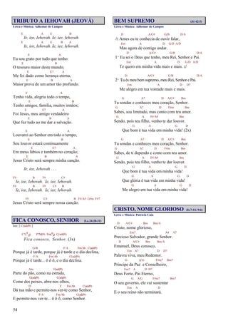 54
TRIBUTO A IEHOVAH (JEOVÁ)
Letra e Música: Adhemar de Campos
E A E B
Ie, iee, Iehovah. Ie, iee, Iehovah.
E A E B A
Ie, iee, Iehovah. Ie, iee, Iehovah.
E A
Eu sou grato por tudo que tenho:
E B
O tesouro maior deste mundo;
E E7 A
Me foi dado como herança eterna,
E B A
Maior prova de um amor tão profundo.
E A
Tenho vida, alegria todo o tempo,
E B
Tenho amigos, família, muitos irmãos;
E E7 A
Foi Jesus, meu amigo verdadeiro
E B A
Que fez tudo ao me dar a salvação.
E A
Louvarei ao Senhor em todo o tempo,
E B
Seu louvor estará continuamente
E E7 A
Em meus lábios e também no coração;
E B A
Jesus Cristo será sempre minha canção.
Ie, iee, Iehovah . . .
F# B F# C#
Ie, iee, Iehovah. Ie, iee, Iehovah.
F# B F# C# B
Ie, iee, Iehovah. Ie, iee, Iehovah.
F# C# B F#/A# G#m F#7
Jesus Cristo será sempre nossa canção.
FICA CONOSCO, SENHOR (Lc.24:28-31)
Intr. [ C(add9) ]
C7(9
13) F7M(9) Fm(6
9) C(add9)
Fica conosco, Senhor. (3x)
G/B F/A Fm/Ab C(add9)
Porque já é tarde, porque já é tarde e o dia declina,
F/A Fm/Ab C(add9)
Porque já é tarde... ô ô ô, e o dia declina.
Am F(add9)
Parte do pão, como na estrada,
G(add9) C(add9)
Come dos peixes, abre-nos olhos,
D F Fm/Ab C(add9)
Dá tua mão e permite-nos ver-te como Senhor,
F/A Fm/Ab C(add9)
E permite-nos ver-te... ô ô ô, como Senhor.
BEM SUPREMO (Jó 42:5)
Letra e Música: Adhemar de Campos
D A/C# G/B D/A
/: Antes eu te conhecia de ouvir falar,
Em A D G/D A/D
Mas agora de contigo andar.
D A/C# G/B D/A
1º Eu sei o Deus que tenho, meu Rei, Senhor e Pai.
Em A D G/D A/D
Te quero em minha vida mais e mais. :/
D A/C# G/B D/A
2º Tu és meu bem supremo, meu Rei, Senhor e Pai.
Em A D D7
Me alegro em tua vontade mais e mais.
G A7 D A/C# Bm
Tu sondas e conheces meu coração, Senhor.
G A7 D F#m Bm
Sabes, sou limitado, mas conto com teu amor.
G A F#/A# Bm
Sendo, pois teu filho, venho te dar louvor.
G A G D
Que bom é tua vida em minha vida! (2x)
G A7 D A/C# Bm
Tu sondas e conheces meu coração, Senhor.
G A7 D F#m Bm
Sabes, de ti dependo e conto com teu amor.
G A F#/A# Bm
Sendo, pois teu filho, venho te dar louvor.
G A G D
Que bom é tua vida em minha vida!
G A G D
Que glória é tua vida em minha vida!
G A G D
Me alegro em tua vida em minha vida!
CRISTO, NOME GLORIOSO (Is.7:14; 9:6)
Letra e Música: Patrícia Cain
D A/C# Bm Bm/A
Cristo, nome glorioso,
Em7 A4 A7
Precioso Salvador, grande Senhor.
D A/C# Bm Bm/A
Emanuel, Deus conosco,
Em A7 D D7
Palavra viva, meu Redentor.
G A/G F#m7 Bm7
Príncipe da Paz e Conselheiro,
Em7 A D D7
Deus Forte, Pai Eterno,
G A/G F#m7 Bm7
O seu governo, ele vai sustentar
Em A D
E o seu reino não terminará.
 
